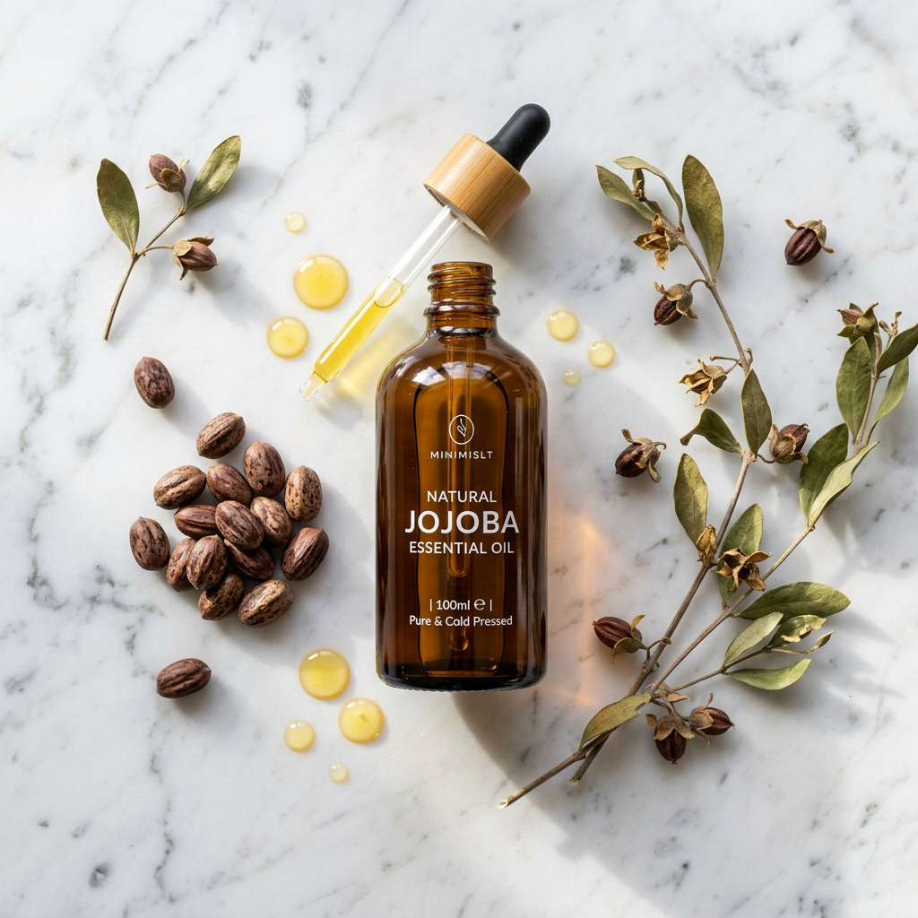 Jojoba Essential Oil flat lay with seeds and plant on marble surface