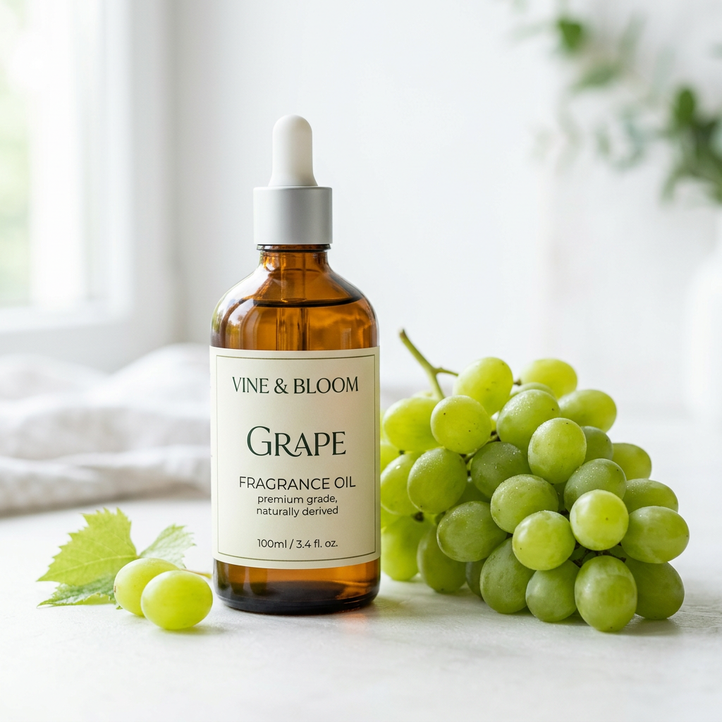 Grapes Fragrance Oil close-up with cluster of fresh green grapes