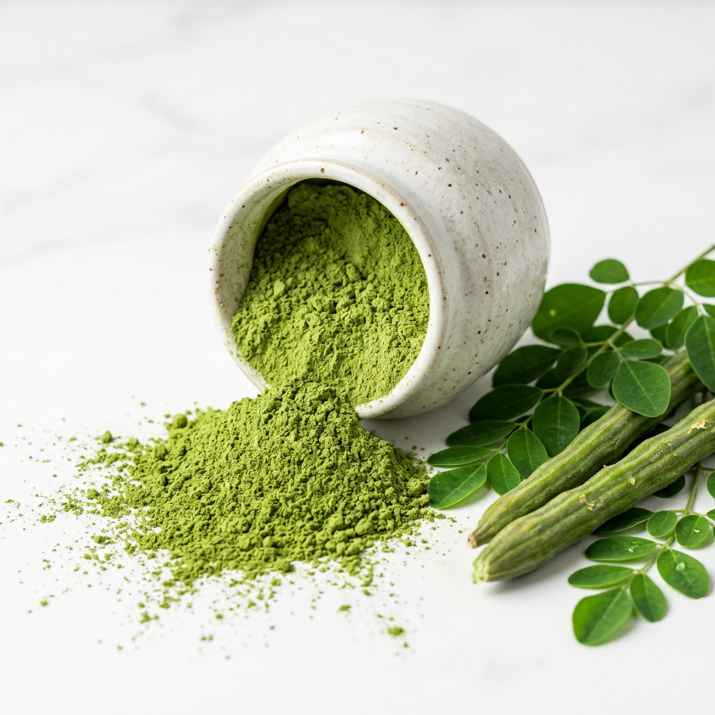 Moringa Powder close-up vibrant green powder with fresh moringa leaves