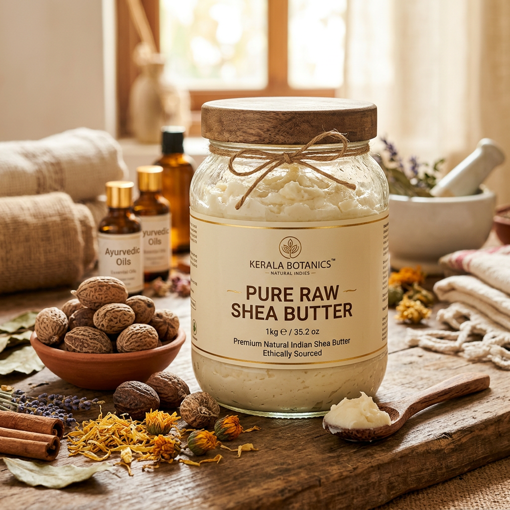 Shea Butter lifestyle with raw shea nuts and creamy white butter jar