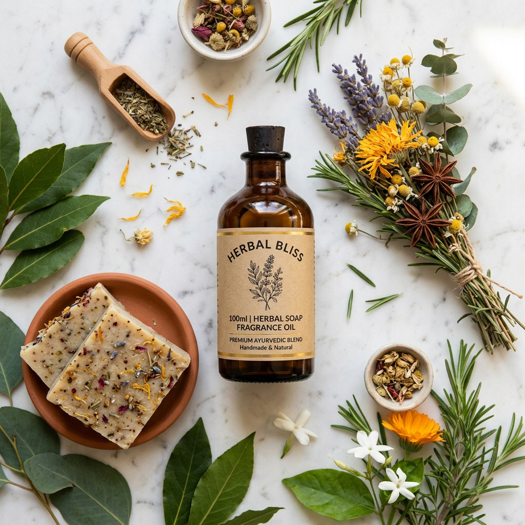 Herbal Fragrance Oil flat lay with soaps and herbs