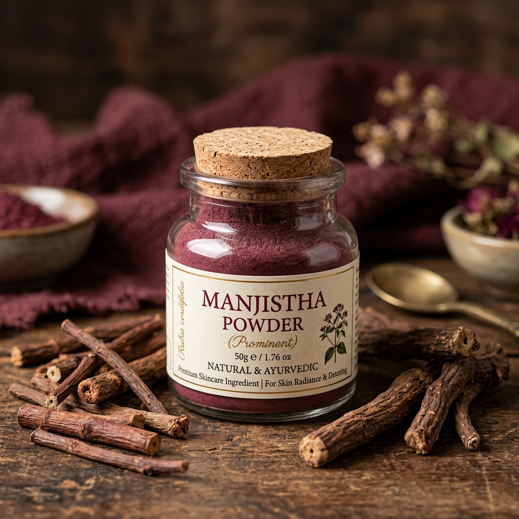 Manjistha Powder 50g glass jar with dried manjistha roots on earthy background