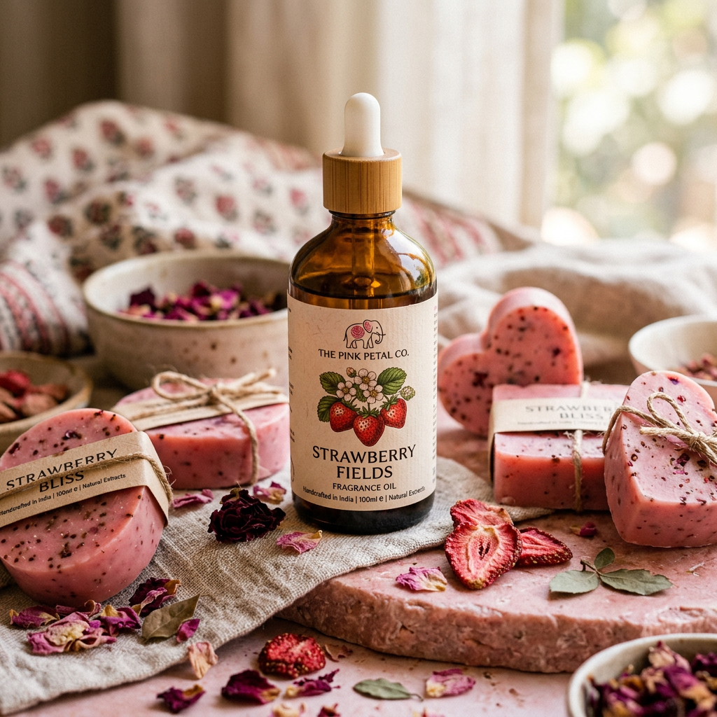 Strawberry Fragrance Oil lifestyle with soap making ingredients