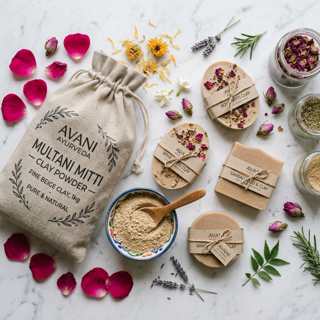 Multani Mitti Powder flat lay with clay soap bars and herbs on marble