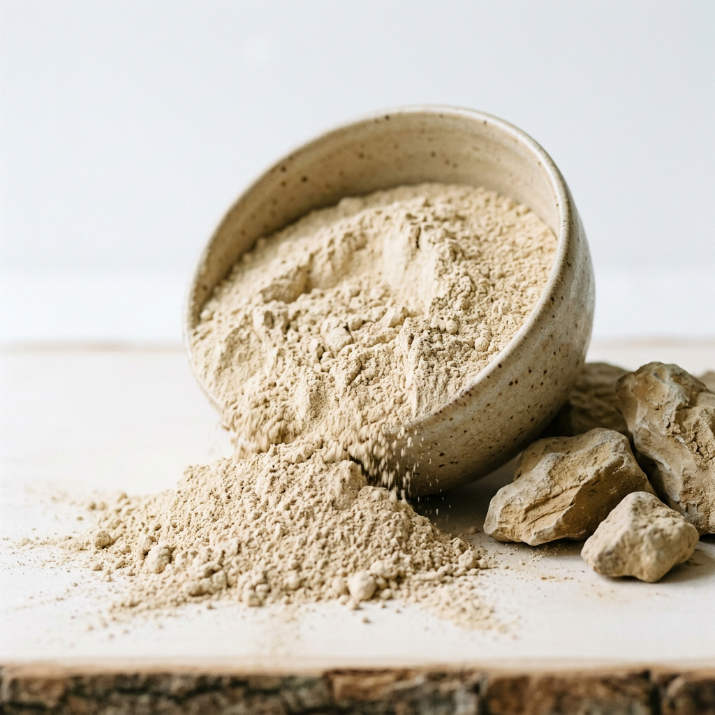 Multani Mitti Powder close-up fine beige clay powder with raw clay pieces