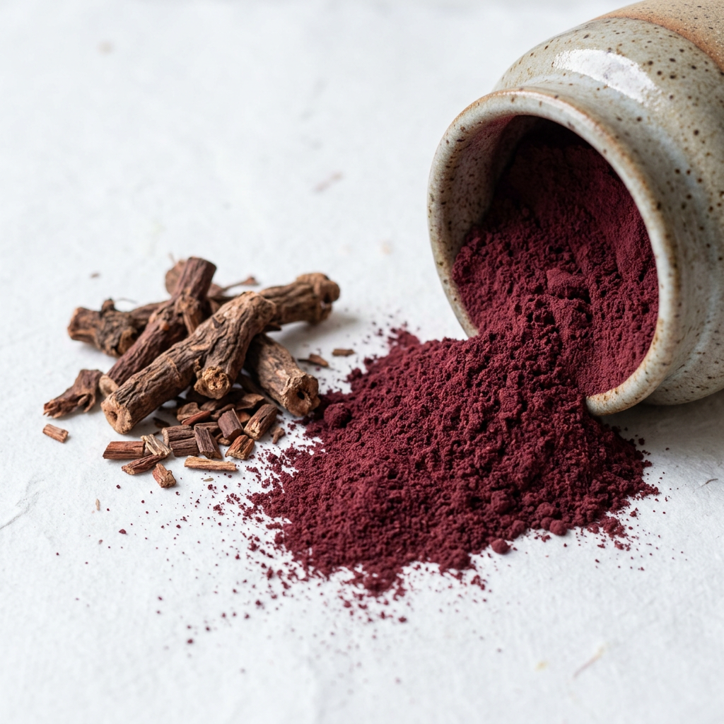 Manjistha Powder close-up deep red burgundy powder with dried roots
