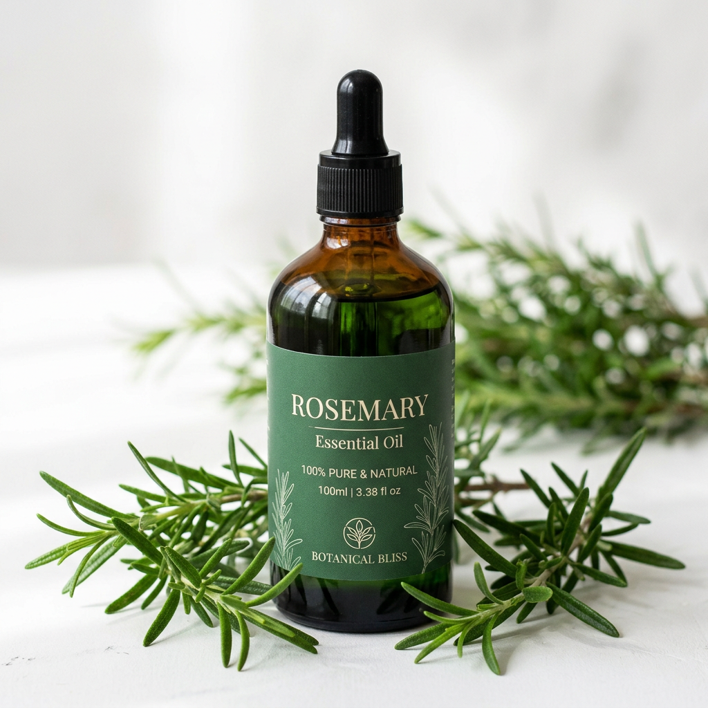 Rosemary Essential Oil close-up dropper bottle with rosemary herb