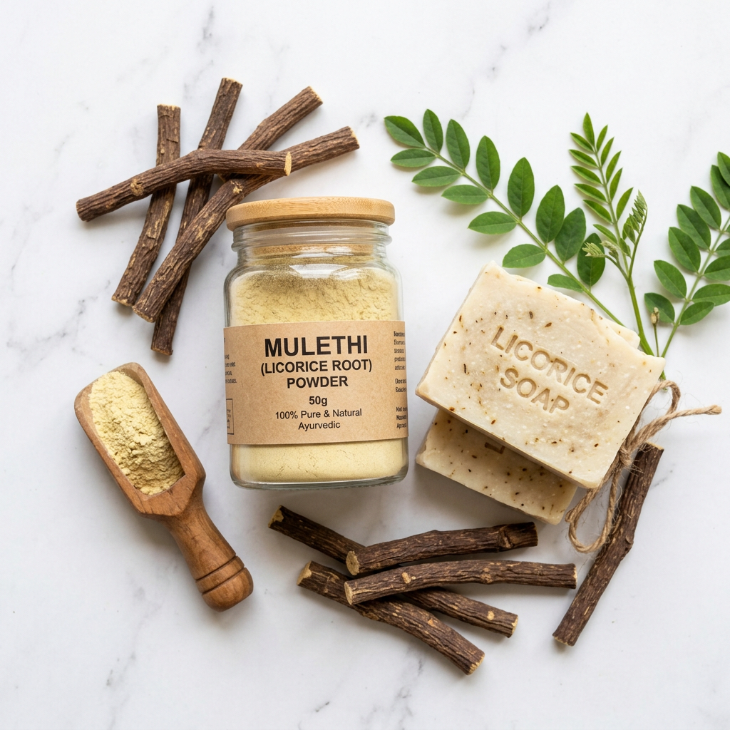 Mulethi Powder flat lay with soap bars and licorice root on marble