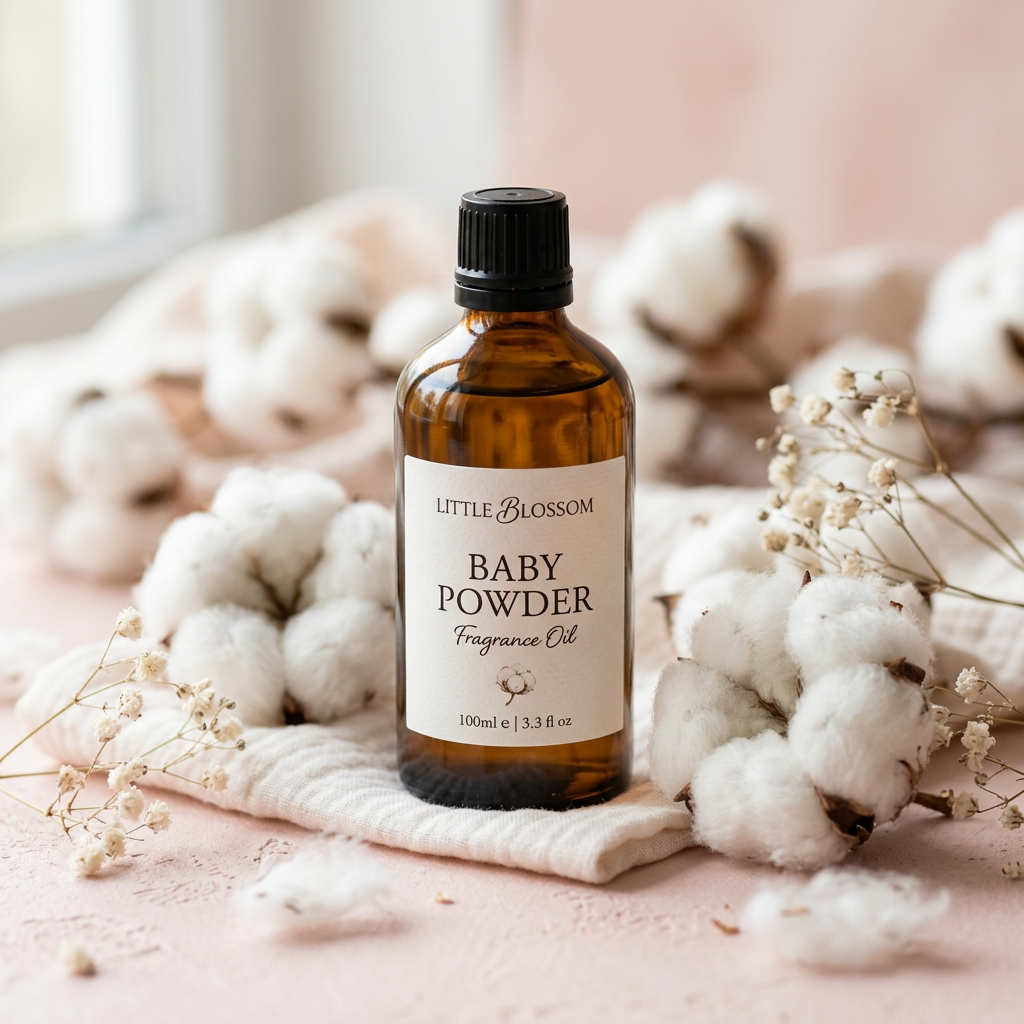 Baby powder Fragrance Oil close-up with soft white cotton flowers