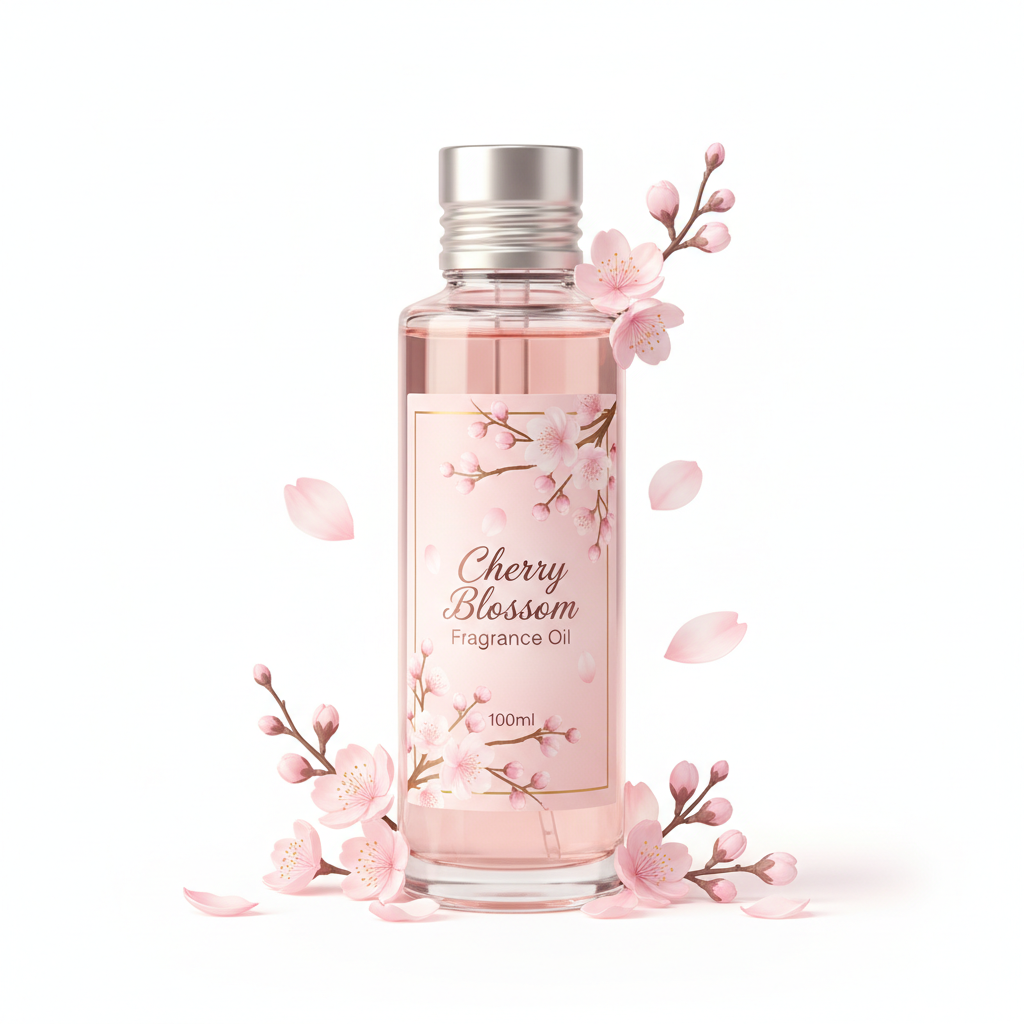 Cherry Blossom Fragrance Oil 100ml bottle with pink floral design