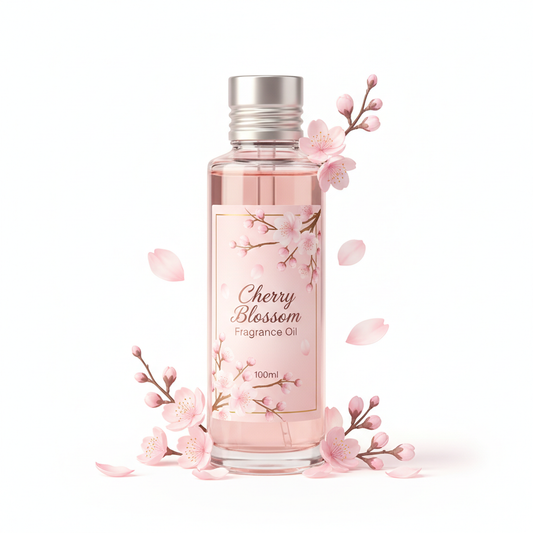 Cherry Blossom Fragrance Oil 100ml bottle with pink floral design