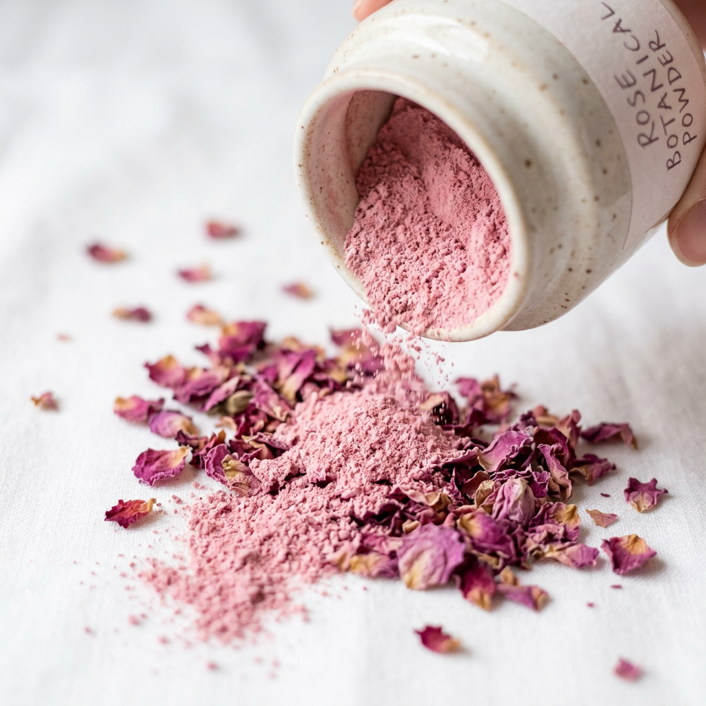 Rose Powder close-up fine pink powder with dried rose petals