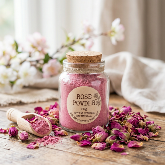 Rose Powder 50g in glass jar with dried rose petals on pink background