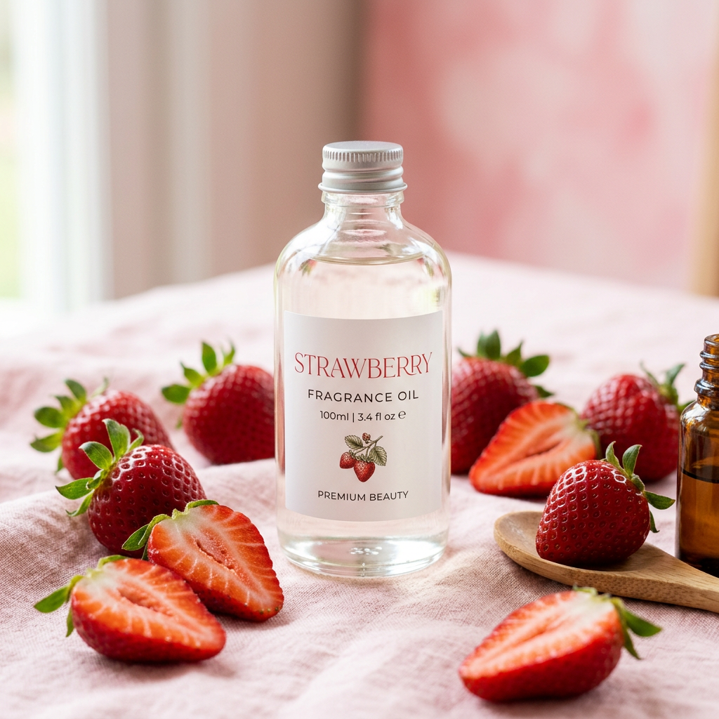 Strawberry Fragrance Oil close-up with sliced strawberries