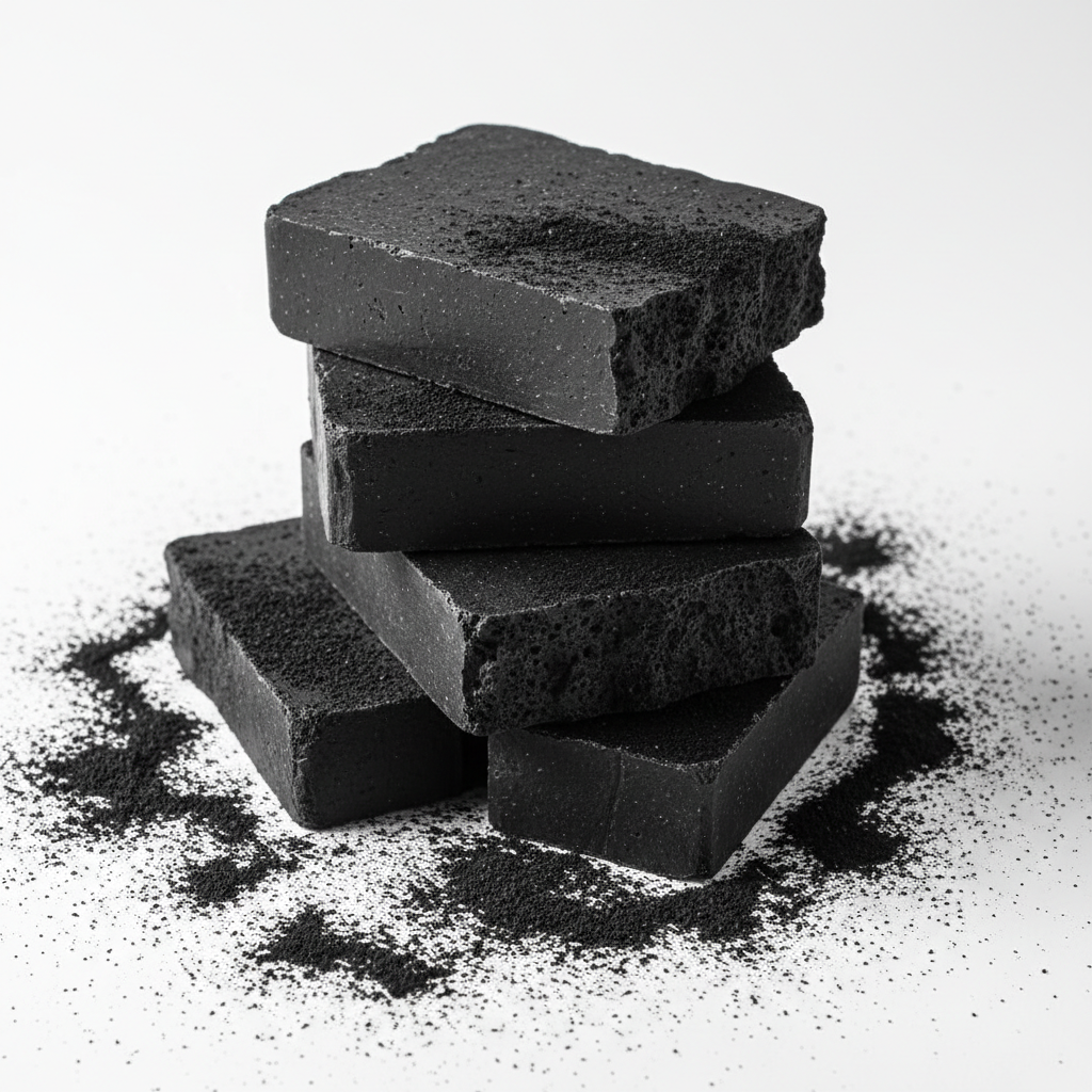 Charcoal soap base bars stacked with activated charcoal powder