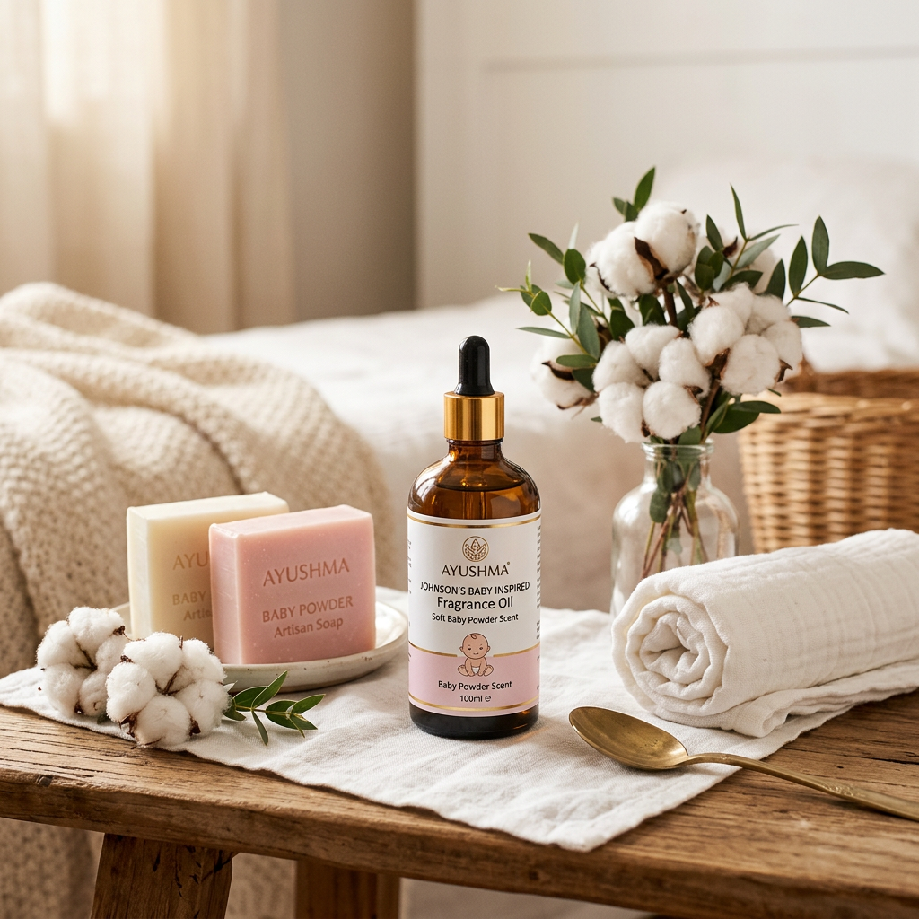Baby Fragrance Oil lifestyle with soft pink soap bars and cotton flowers