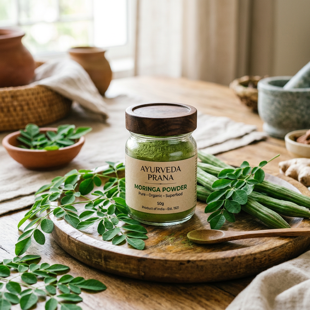 Moringa Powder lifestyle with drumstick leaves and vibrant green powder jar