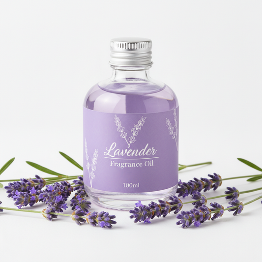 Lavender fragrance oil 100ml bottle with fresh lavender sprigs