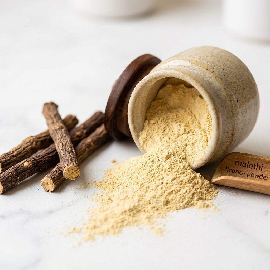 Mulethi Powder close-up with dried licorice root sticks