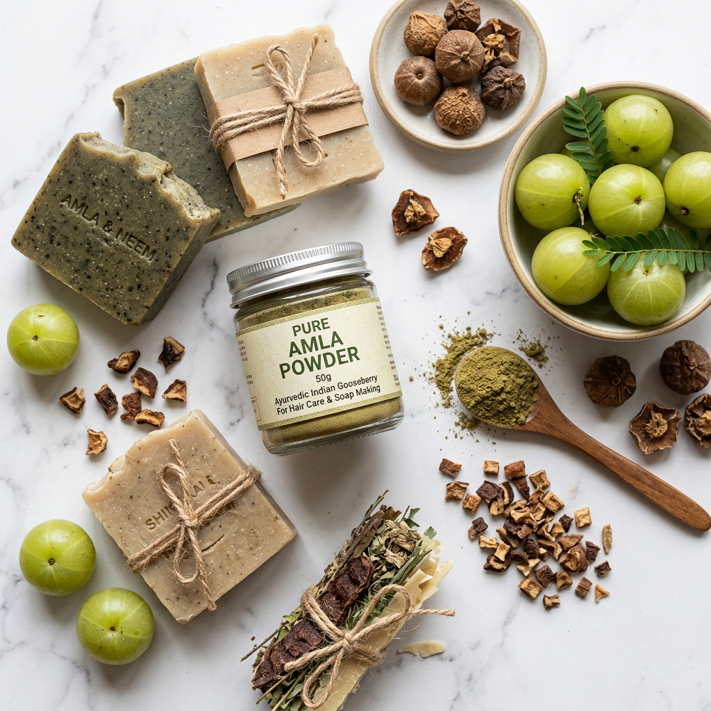 Amla Powder flat lay with herbal soap bars and amla fruits on marble