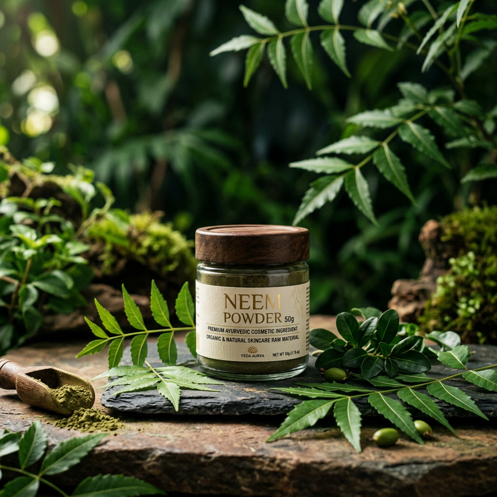 Neem Powder 50g glass jar with fresh neem leaves and branches