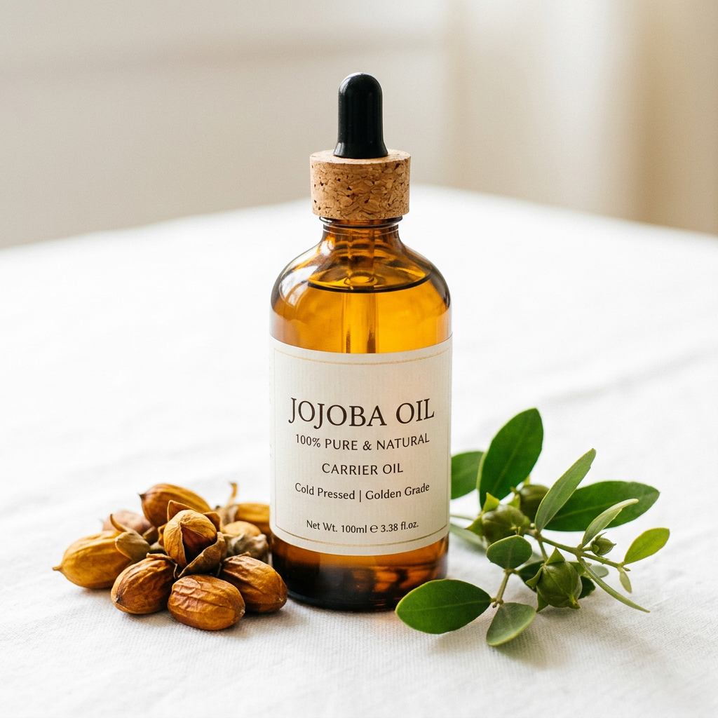 Jojoba Oil 100ml dropper bottle close-up with golden jojoba seeds