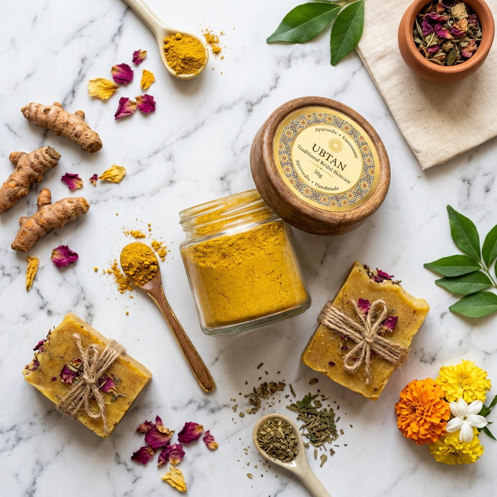 Ubtan Powder flat lay with soap bars turmeric and herbs on marble