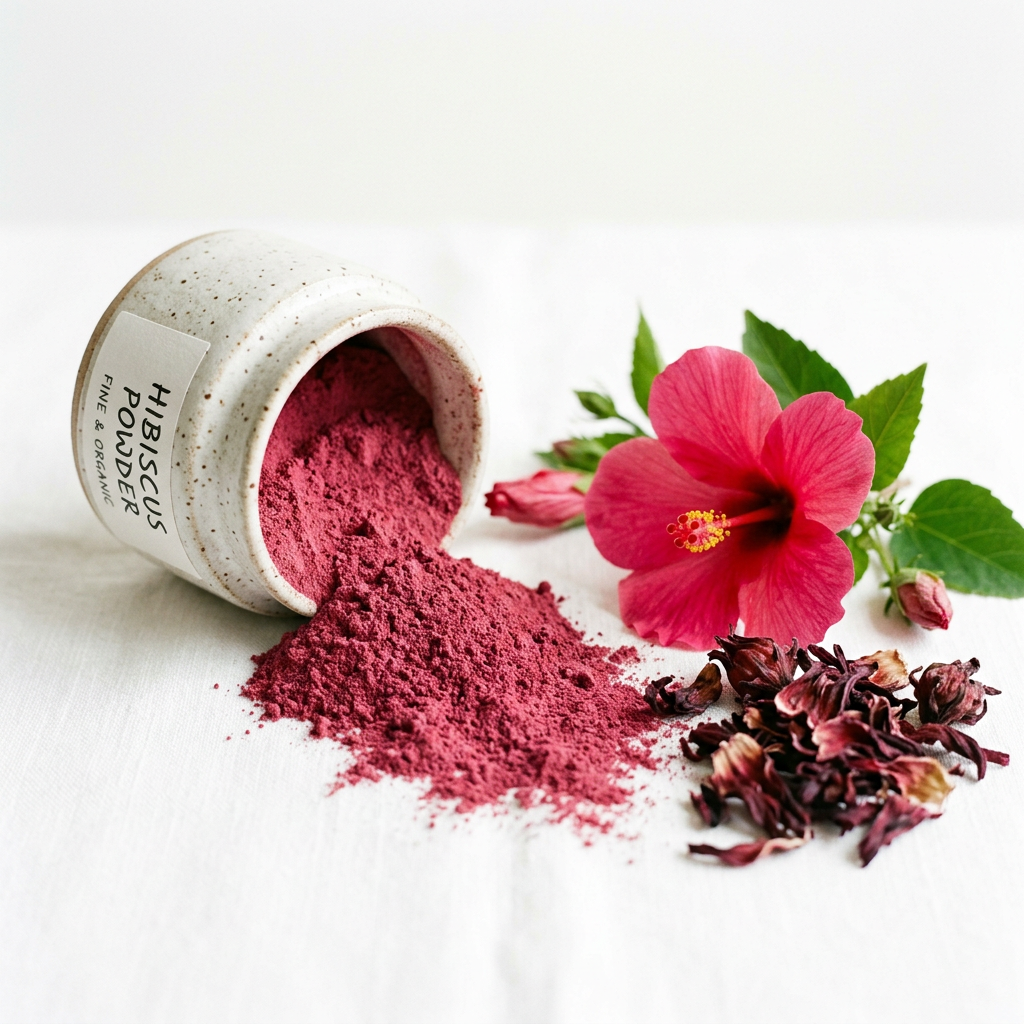 Hibiscus Powder close-up fine red pink powder with hibiscus flowers