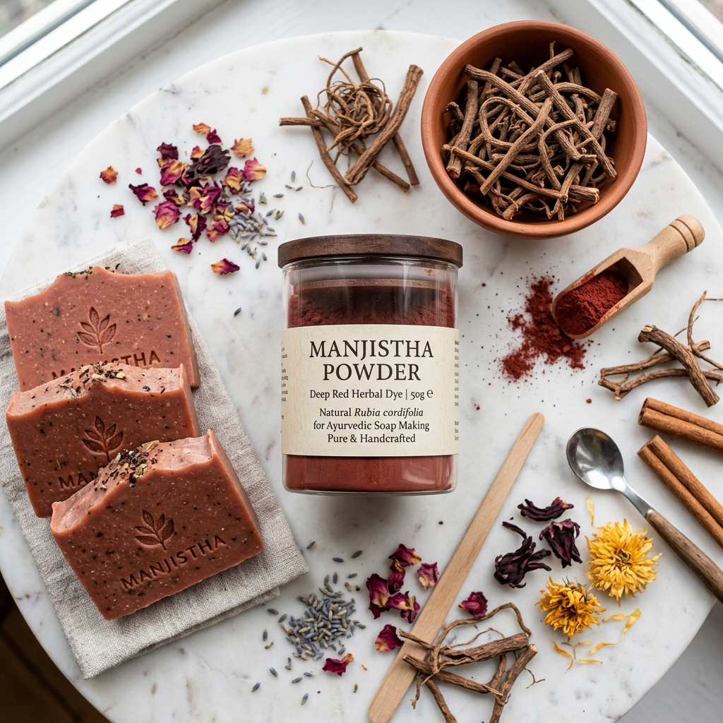 Manjistha Powder flat lay with reddish soap bars and dried herbs on marble