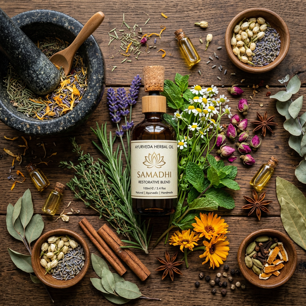 Herbal Essential Oil flat lay with herbs and mortar on wooden surface
