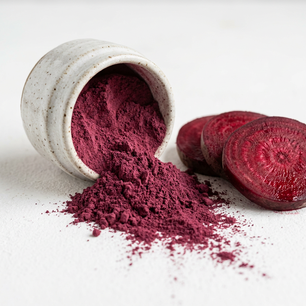 Beetroot Powder close-up fine red powder with fresh beetroot slices