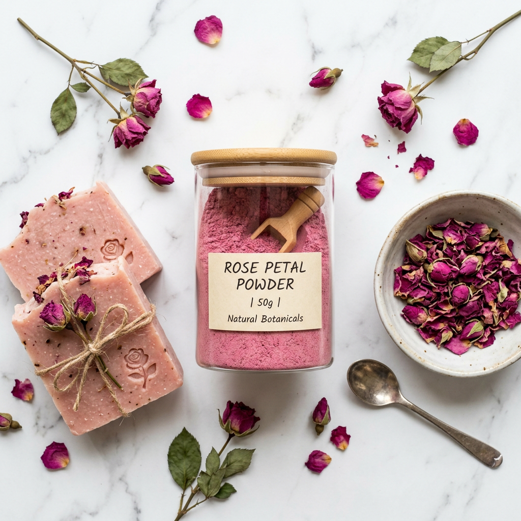 Rose Powder flat lay with pink soap bars and rose petals on marble