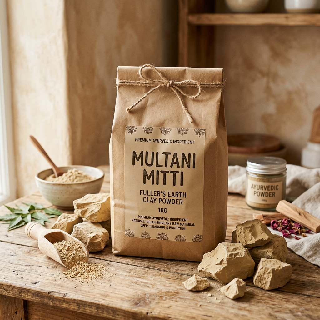 Multani Mitti Powder 1kg pack with raw clay chunks on earthy background