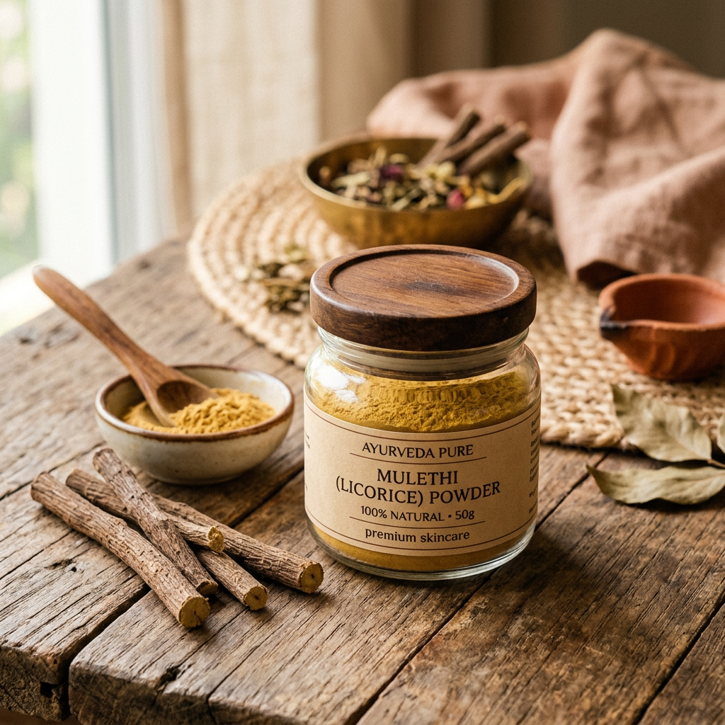 Mulethi Powder lifestyle with licorice roots and golden powder jar
