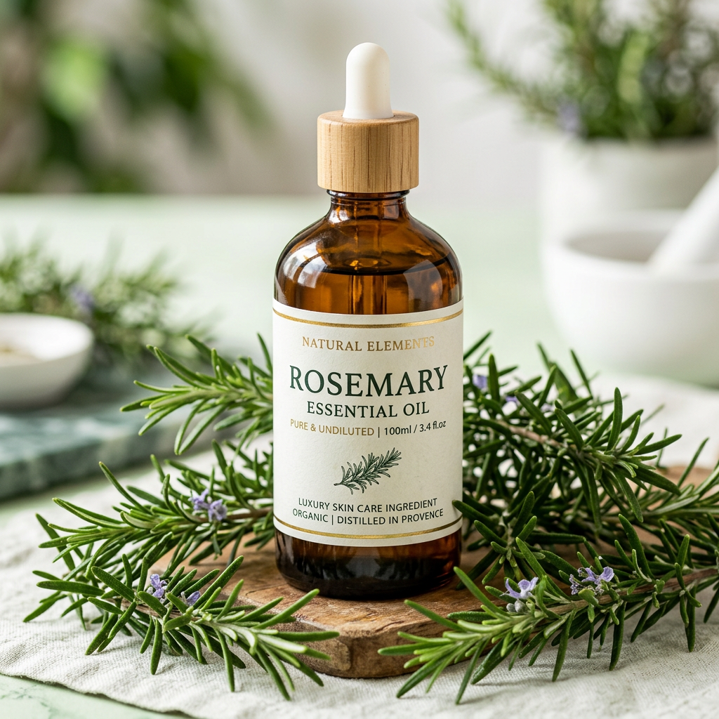 Rosemary Essential Oil 100ml amber bottle with fresh rosemary sprigs