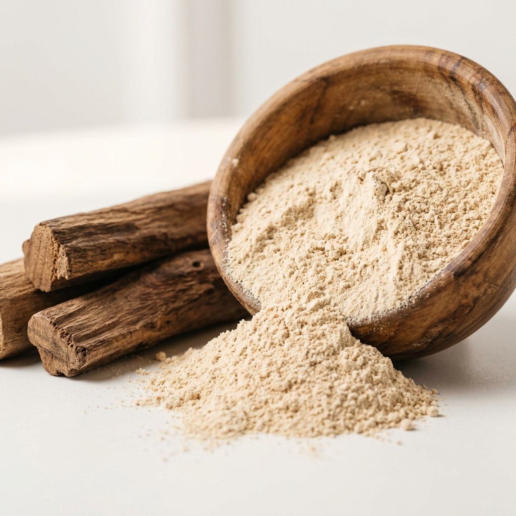 Sandalwood Powder close-up fine beige powder with raw sandalwood pieces