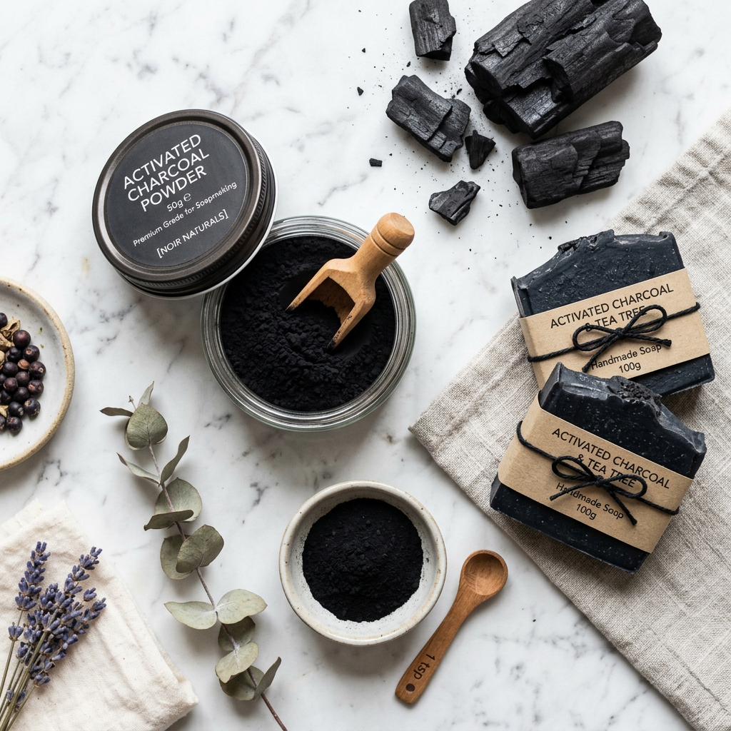 Activated Charcoal Powder flat lay with black detox soap bars on marble