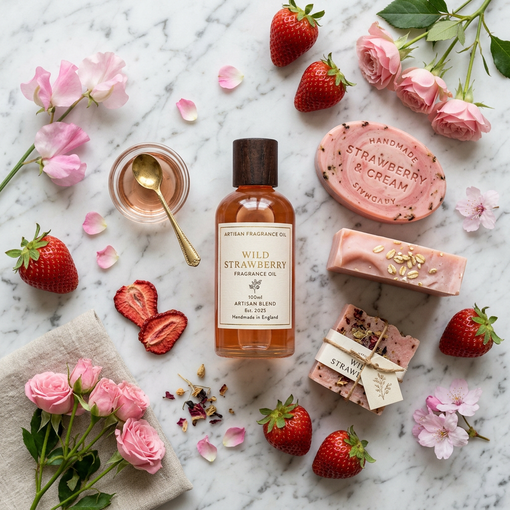 Strawberry Fragrance Oil flat lay with handmade soaps