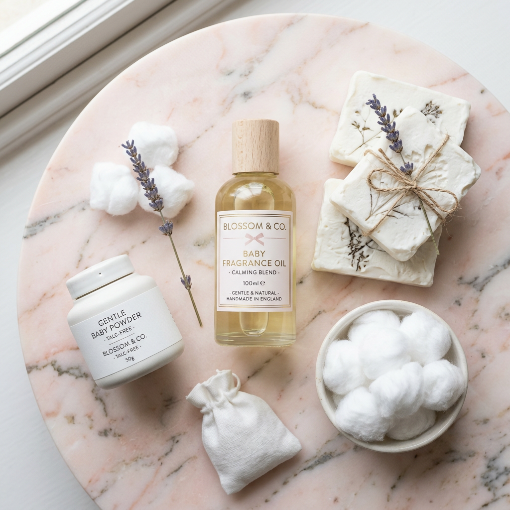 Baby Fragrance Oil flat lay with gentle white soaps and cotton balls
