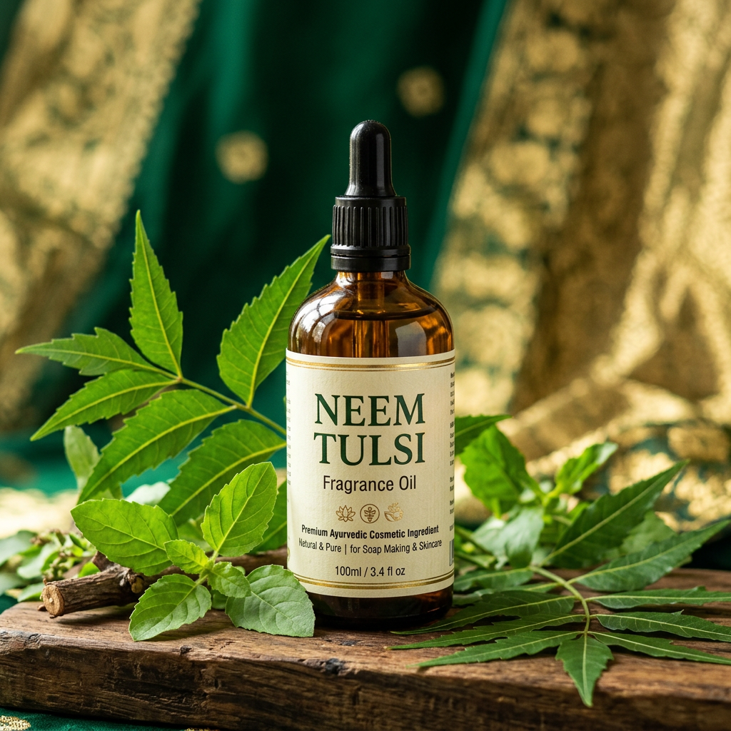 Neem Tulsi Fragrance Oil 100ml bottle with fresh neem and tulsi leaves