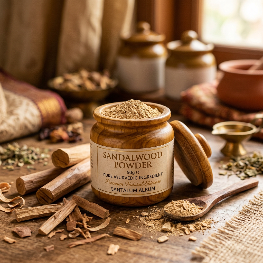 Sandalwood Powder 50g wooden jar with sandalwood sticks and chips