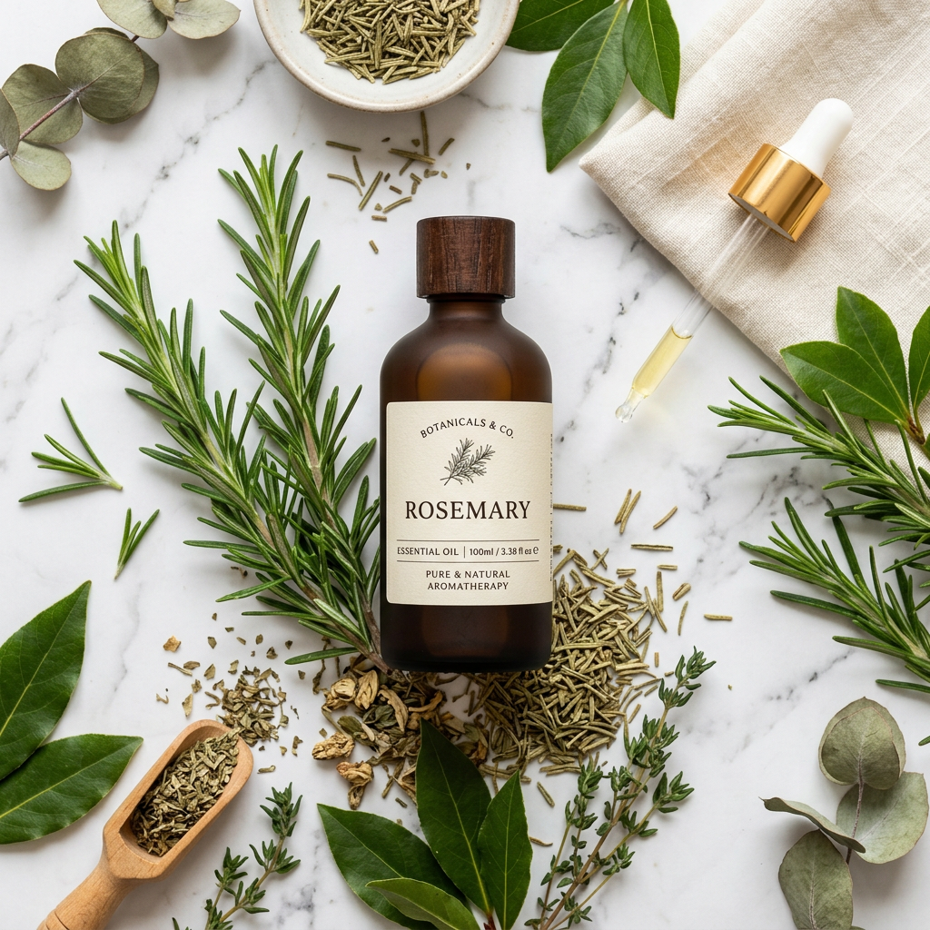 Rosemary Essential Oil flat lay with fresh herbs on marble surface