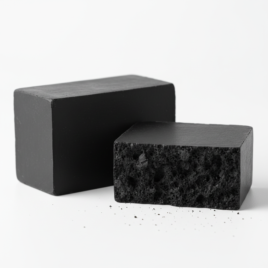 Charcoal soap base bar cut showing interior texture