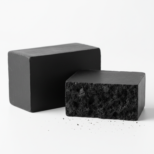 Charcoal soap base bar cut showing interior texture