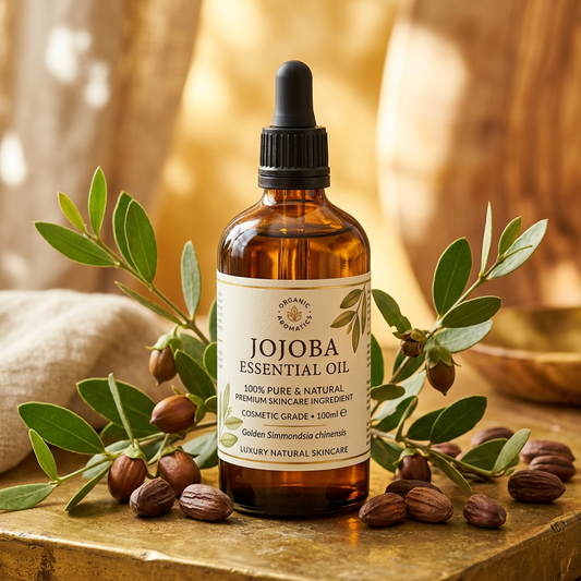 Jojoba Essential Oil 100ml amber bottle with jojoba seeds and branches