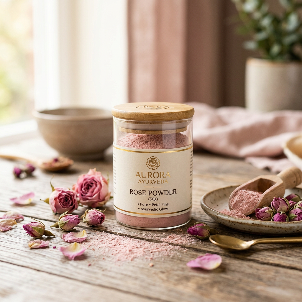 Rose Powder lifestyle with dried rose buds and pink powder jar
