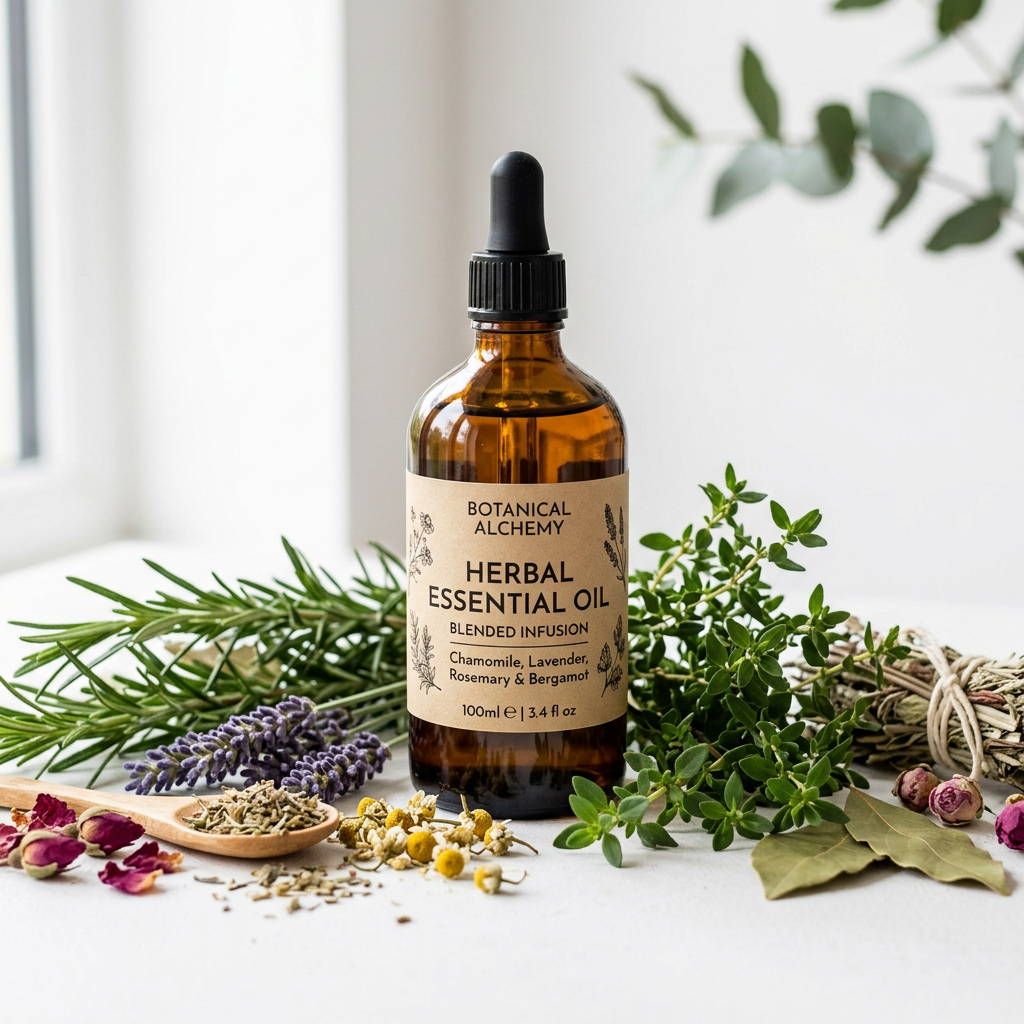 Herbal Essential Oil close-up dropper bottle with dried botanical herbs