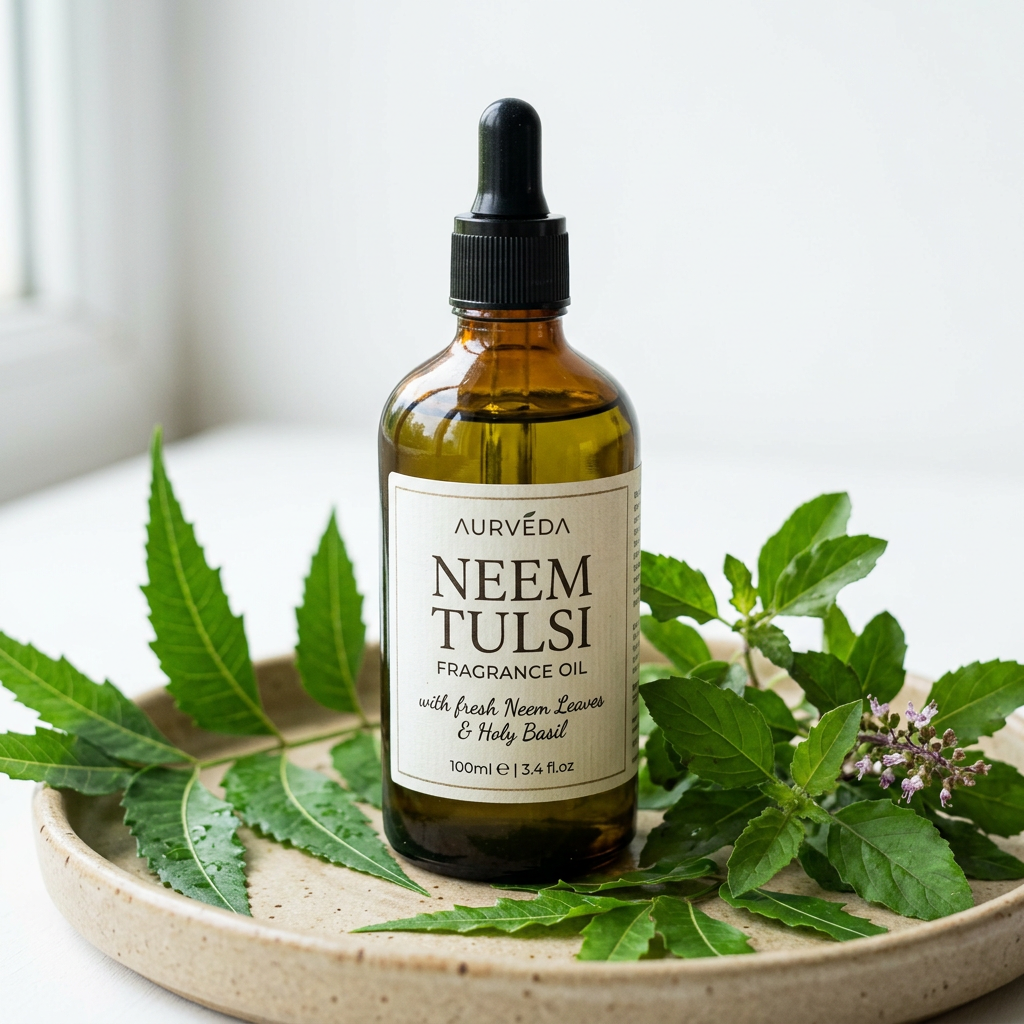 Neem Tulsi Fragrance Oil close-up with neem leaves and holy basil sprigs