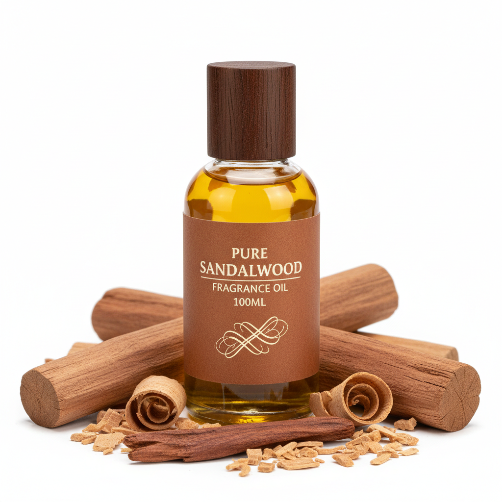Sandalwood fragrance oil 100ml bottle with sandalwood logs and chips