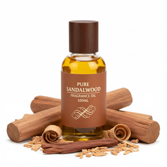 Sandalwood fragrance oil 100ml bottle with sandalwood logs and chips